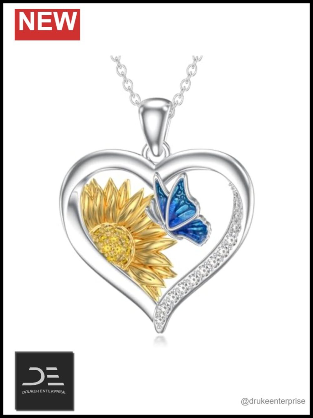 S925 Sterling Silver Butterfly Sunflower Heart Pendant Necklace Jewelry Gift